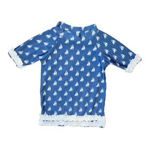 Ruffle Butts Nautical Blue White Sailboat Rashguard Swimsuit Bathing Top 18-24M